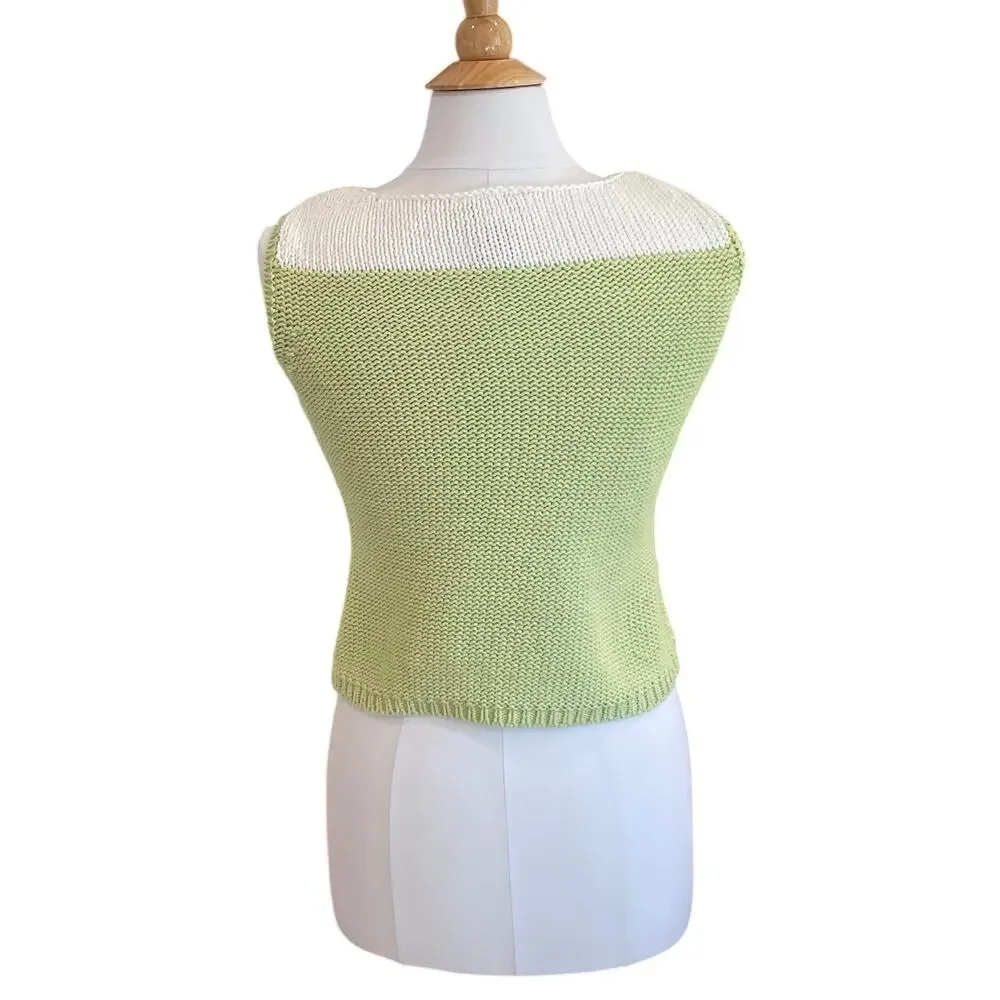 Vtg Talbots Pastel Green and Ivory Sleeveless Knit Sweater, 90s, Petite S